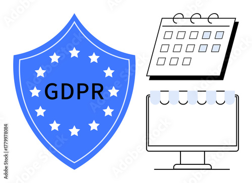 GDPR shield with stars, detailed calendar, and computer with paper strips. Ideal for data privacy, protection, compliance, digital security, legal concepts regulations time management. Simple flat