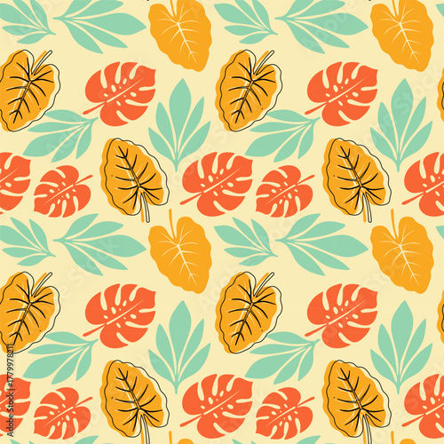 A vibrant, retro-inspired seamless pattern featuring stylized tropical monstera and alocasia leaves