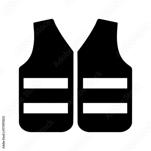 Simple black silhouette icon of a high visibility safety vest with reflective stripes for personal protective equipment and workwear safety concepts