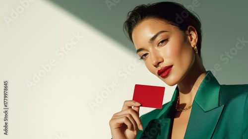 Asian woman holding red gift card close to face, concept of shopping, discount, and holiday retail promotion. Studio portrait symbolizing sale, bonus program, and customer reward