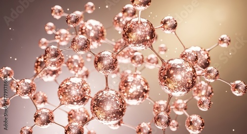 Intricate Molecular Structure with Rose Gold Spheres and Glittering Particles on Softly Lit Background
