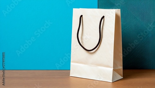 Stylish Paper Shopping Bag with Rope Handles on Colorful Background for Marketing and Promotion