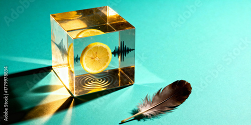 Transparent cube with a floating golden sphere and a feather beside it on a turquoise background. Concept of balance, lightness, and creativity.