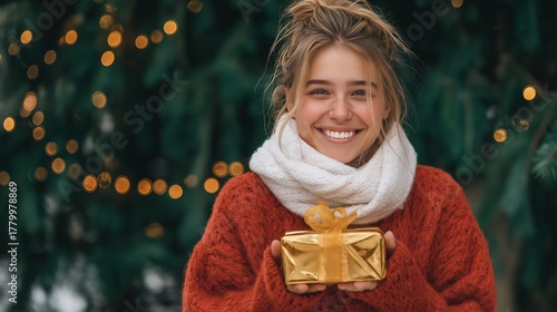Smiling white European woman in red knit and scarf holding a gold wrapped present. Holiday portrait used in Christmas retail, gifting, and winter campaigns