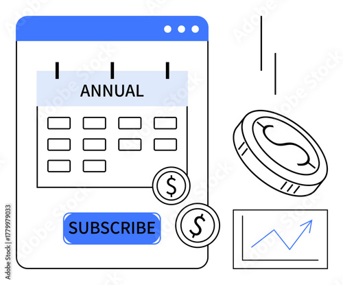 Annual calendar with a subscription button, dollar coins, and a growth chart. Ideal for budgeting, subscription services, financial planning, payment systems, investment strategy, eCommerce simple