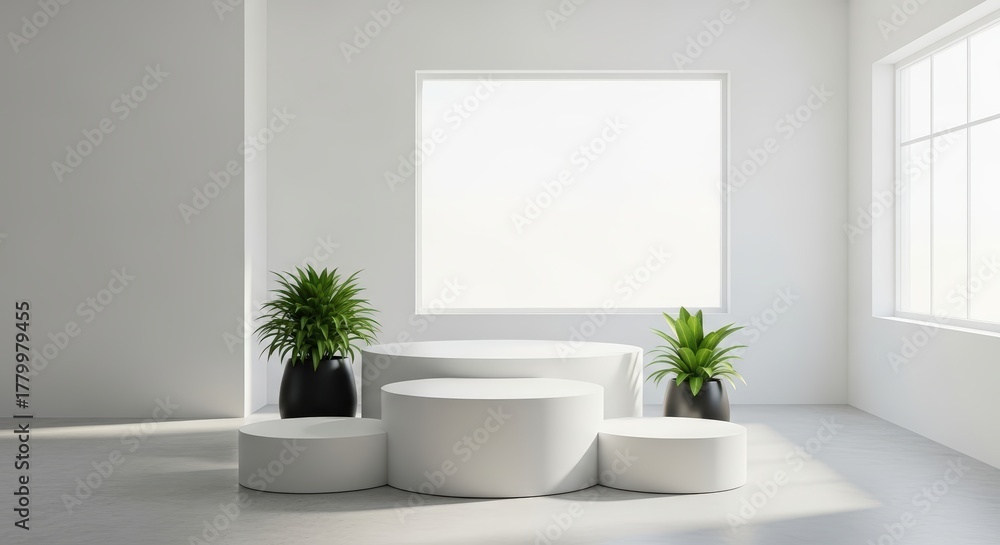 Fototapeta premium Minimalist Interior With White Pedestals And Green Plants Illuminated By Natural Light