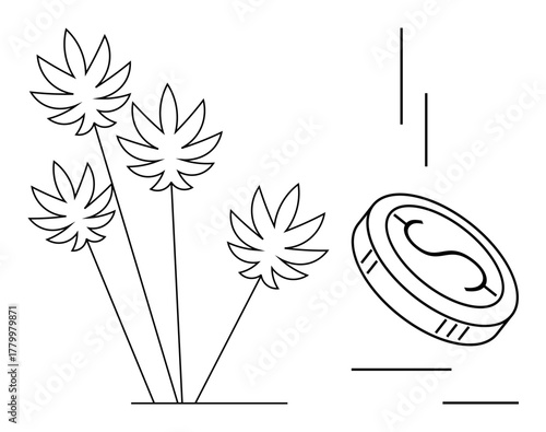 Cannabis leaves with a coin suggesting financial aspects of the cannabis industry. Ideal for entrepreneurship, agriculture, economics, investment, growth, sustainability, nature. Simple flat metaphor