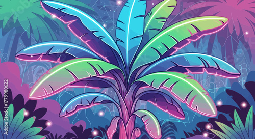 Vibrant cartoon styled tropical foliage with glowing accents illustration