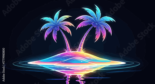 Radiant Palm Oasis: A Neon-Kissed Island Retreat with Luminous Reflection