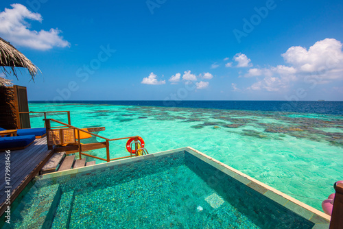 Fototapeta Naklejka Na Ścianę i Meble -  Summer vacation, holiday amazing nature. Relax paradise, Maldives. Tropical island beach landscape exotic shore coast. Tranquil closeup calm sea water waves with palm trees. Beautiful Panorama. 