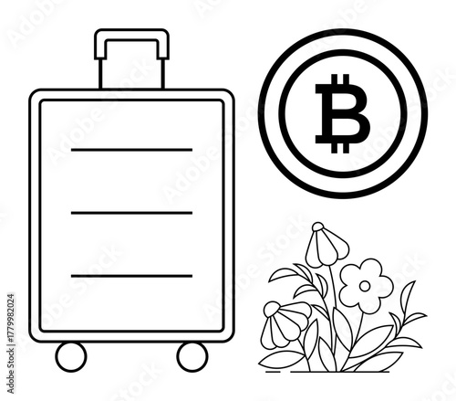 Monochrome suitcase on wheels, Bitcoin coin, floral bunch symbolizing travel, digital economy, nature. Ideal for finance, travel, environment, blockchain vacation planning savings balance concept