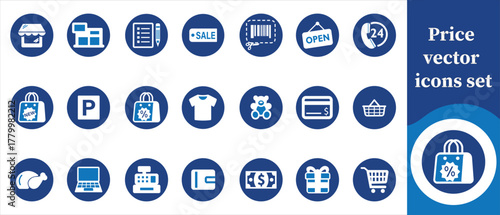 Price vector icon set, price tag, discount, sale, offer, money, cost, currency, dollar, euro, pound, yen, price label, barcode, receipt, payment, deal, promotion, percentage and more