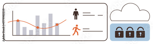 Statistical bar graph with trend line, user figures, cloud with padlocks. Ideal for analytics, cybersecurity, user tracking, cloud storage, data privacy trends digital transformation. Simple flat