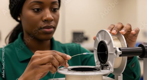 Focused engineer carefully inserts fiber optic cable into spool machine for precision testing in modern laboratory, demonstrating advanced telecommunications technology skills