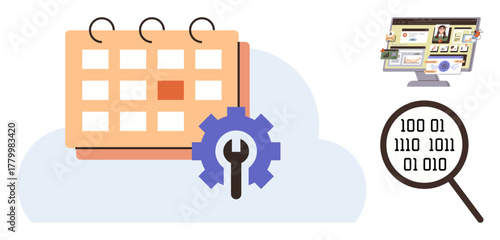 Calendar with gear on cloud icon for scheduling automation next to computer and magnifier over binary. Ideal for productivity, digital management, planning, data analysis, coding, technology, simple
