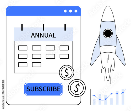 Annual subscription calendar interface, flying rocket, dollar coins, and chart arrow. Ideal for finance, innovation, startup growth, planning technology investment online booking. Simple flat