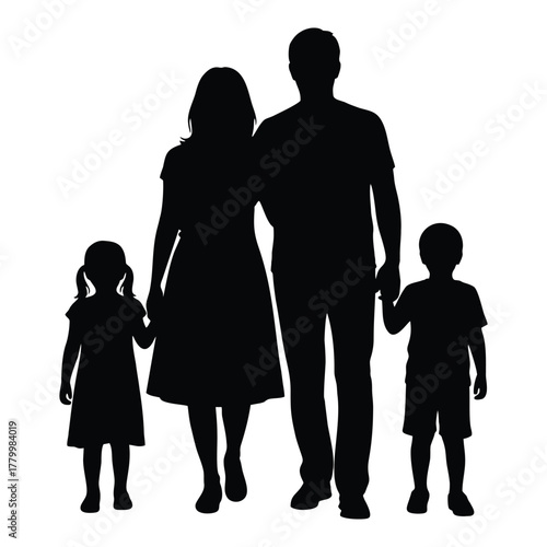 Lovely family silhouette holding hands walking together with mom dad son daughter