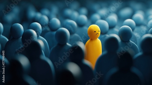A solitary yellow figure stands out amidst a crowd of blue figures, symbolizing themes of individuality, difference, and feeling within a larger group.