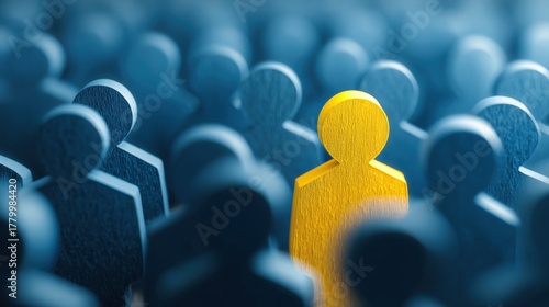 A bright yellow wooden figure standing out among a crowd of dark blue figures representing individuality and uniqueness in a group setting.