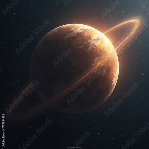 A ringed planet with a textured surface, illuminated by a bright light source, set against a backdrop of distant stars in space.