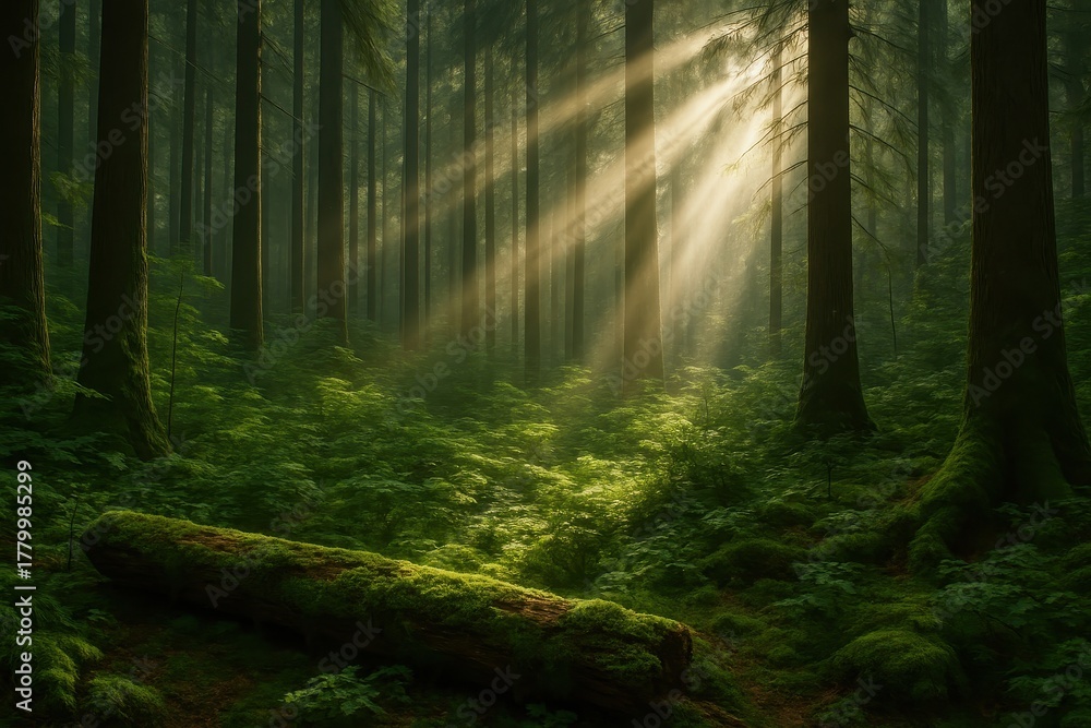 Obraz premium Sunlit old growth forest with towering trunks mossy floor and golden dust motes
