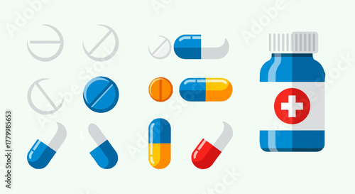 Vector set of medicine icons such as pills, capsules, and bottle with cross symbol. Flat modern style with clean background.