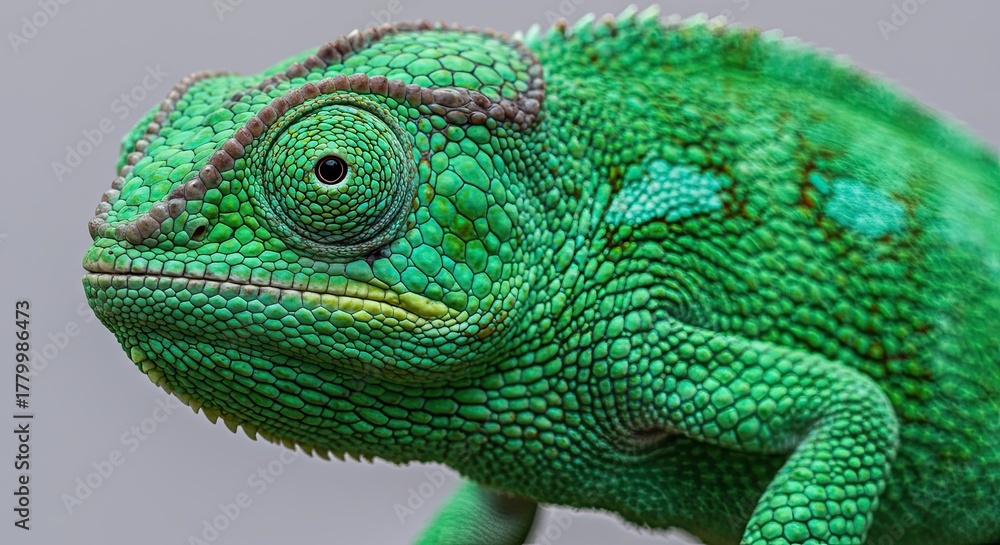 Fototapeta premium Closeup portrait of a vibrant green chameleon revealing its unique skin texture and captivating eye