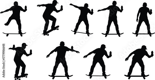 Silhouette skateboard trick sequence, skater holding drink, mid-air stunt, stylish motion, extreme sport, balance, coordination, urban action, youth cultureSilhouette skateboard trick sequence, 