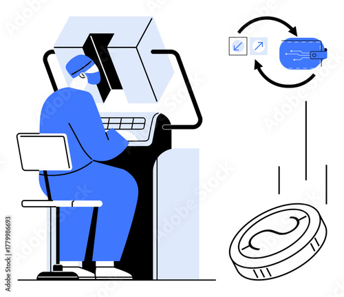 Technician controls machine using specialized tools. Automated financial operations integrate with circular payment processing. Ideal for fintech, robotics, innovation, transaction, automation