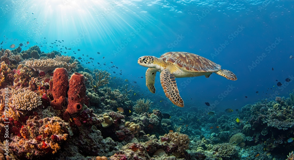 Obraz premium Majestic sea turtle gliding gracefully in a vibrant coral reef ecosystem underwater