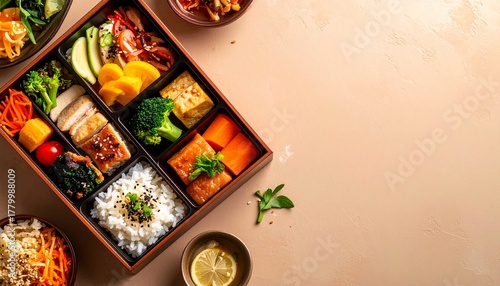 Top view of japanese bento box with white rice sliced chicken vegetables omelet and pickles on light beige background highlighting healthy asian cuisine