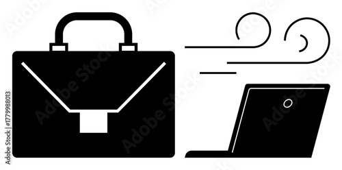 Black briefcase and laptop with airflow lines representing business mobility, remote work, efficiency, and modern career concepts. Ideal for business, career, portability, strategy, productivity