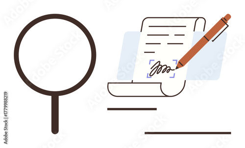Magnifying glass inspecting signed document with pen completing signature. Ideal for law, business, inspection, verification, analysis, approval, and contract themes. Simple flat metaphor