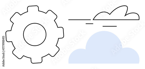Gear with solid and outlined edges paired with two clouds. Ideal for technology, innovation, connection, cloud computing, engineering, software development, simple flat metaphor