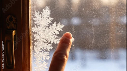 Touching Frosty Snowflake on Window, Winter Setting, Close-up View, Nature Beauty, Tranquil Atmosphere