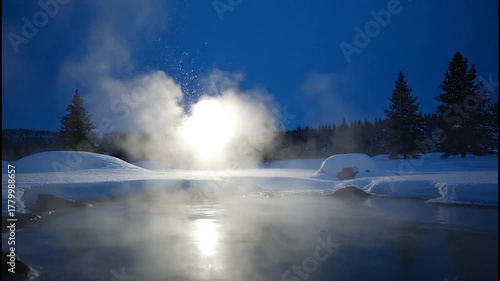 Steaming Hot Springs in a Snowy Landscape at Night with Ethereal Light and Misty Atmosphere