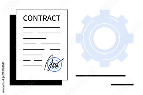 Signed contract with signature next to a gear icon symbolizing agreement, collaboration, and workflow. Ideal for business, legal, partnership, management, automation contracts teamwork. Simple flat