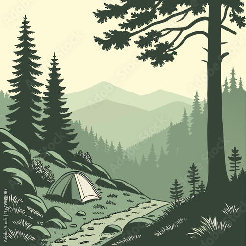 Camping by a stream in the forest with mountains in the background