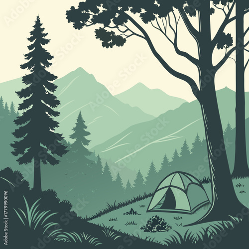 Camping in the forest with a tent and mountains in the background
