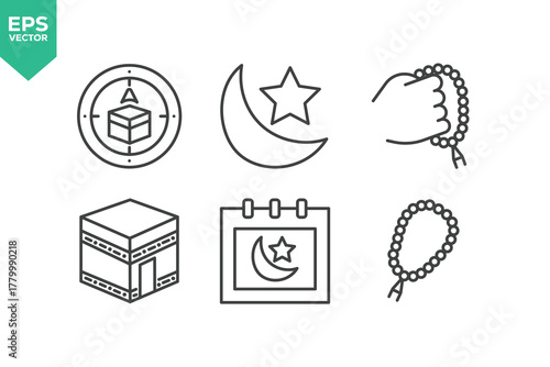 Set Of Ramadan Line Icons. The set includes a Islam, Mosque, Fasting, Quran, Worship, Religion, Crescent, Prayer, Donation, Hampers, and more.