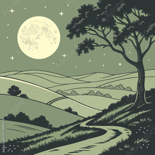 Idyllic countryside landscape with rolling hills under a full moon at night