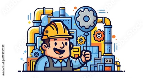Happy Industrial Worker Cartoon Illustration.
