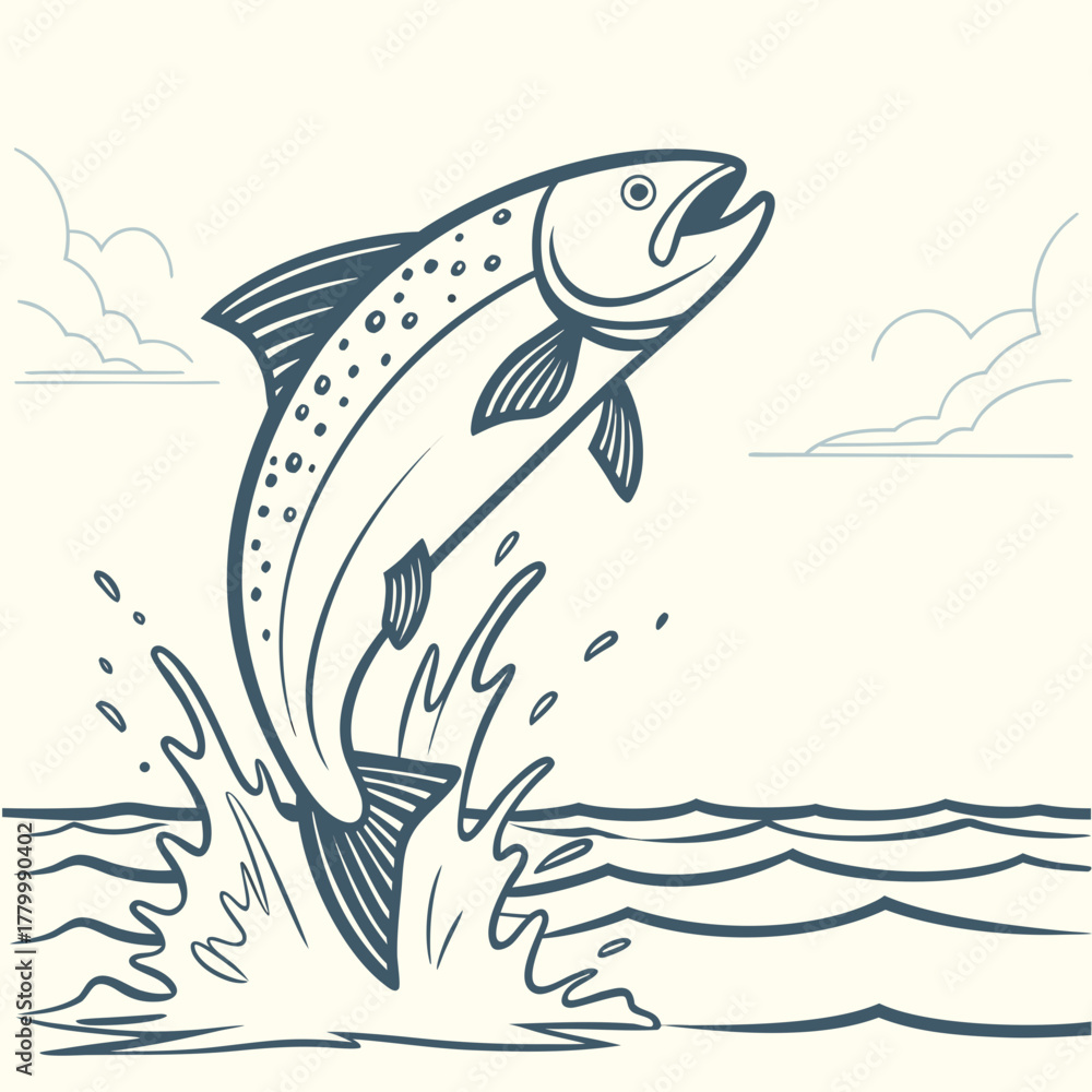 Obraz premium Trout leaping out of water, a hand drawn vector illustration isolated