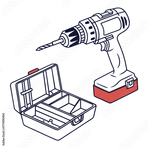 Open toolbox and cordless drill, vector illustration
