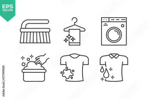 Set Of Cleaning Service Icons. Set contains such icons as Cleaning Cloth, Broom, Floor Cleaner, Disinfectant, Glass Cleaner, Scrub Brush, Toilet, Guaranteed Clean, Trash can, Toilet cleaning, Clean si