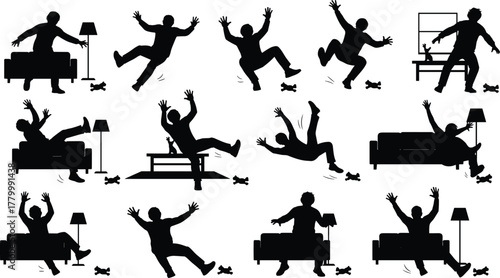 Silhouette person tripping, dog bone hazard, home accident, falling pose, humorous scene, pet safety, living room, furniture, clumsy moment