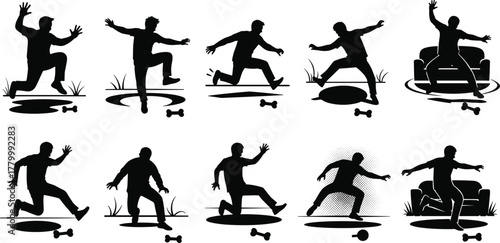 Funny silhouette sequence, man tripping over dumbbell, falling down, clumsy accident, humorous motion, safety awareness, cartoon style, black figure illustrationFunny silhouette sequence, 