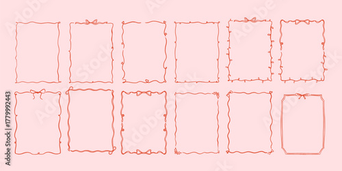 Hand drawn decorative whisimal retro frames with ribbon bows, elegant border collection, romantic outline design for cards and invitations
