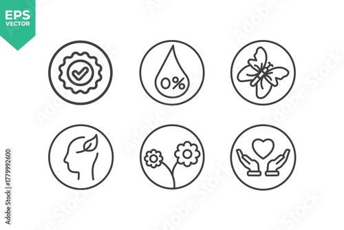 Set Of Natural Organics Line Icons. Contains such icons as GMO Free, Safe For Children, Non Toxic, For All Skin Type, Alcohol Free, Natural Fragrance, and more.