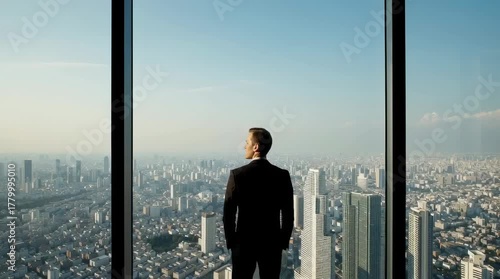 Businessman standing in front of a large glass window, looking out at the city skyline, representing the idea of of clear vision and a long-term perspective in achieving business success